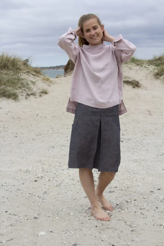 delicate pink linen blouse and grey linen skirt